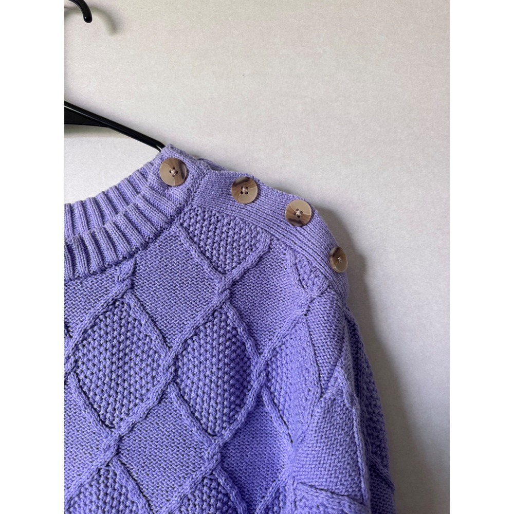 Purple Diamond Cable Knit Sweater Button Shoulder Crew Neck Pullover Lilac - Picture 2 of 7